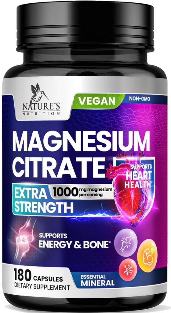 Magnesium Citrate Supplement Pills 1000mg - 3X Strength Magnesium Supplements for Bone, Muscle, Heart, Nature's Sleep Support for Men & Women, Vegan Mag Mineral, Non-GMO, Bottled i USA, 180 Capsules