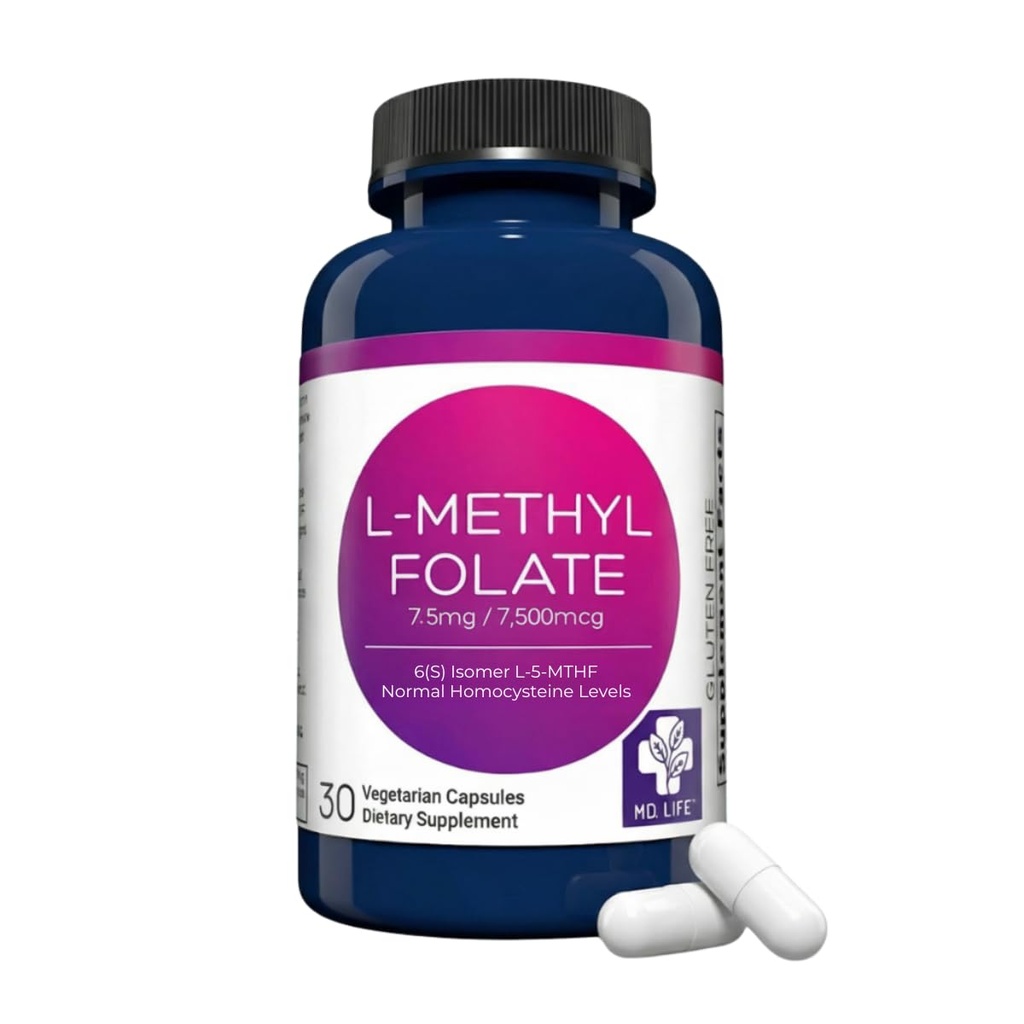 MD Life L- methylfolate 7, 5 mg Supplement - Professional- Grade Active L Methylfolate Supplement - 30 kapselia - L- methylfolate 7, 5 mg - Maksimiteho MTHFR W / Essential amino Acids