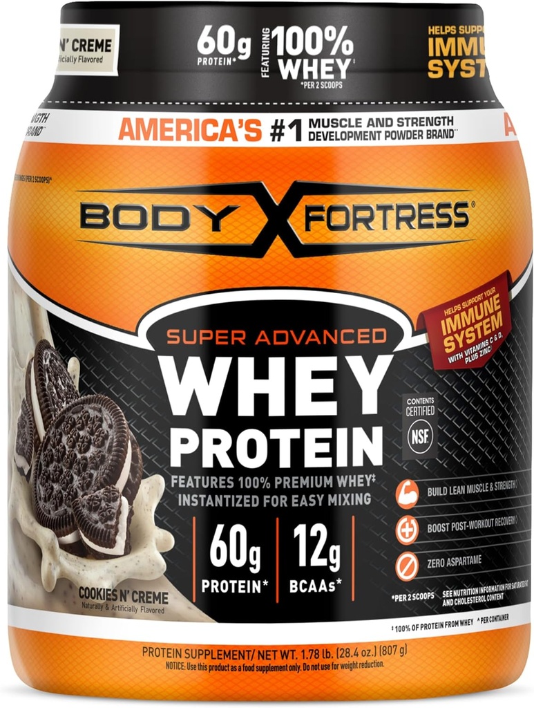 Body Fortress Super Advanced Whey Protein Powder, Cookies N. Creme, 60g Protein & 12g BCAAs Per 2 Scoops, Muscle Gain & Recovery, Immuuni tuki vitamiineja C & D, 1,78lbs (Pakkaus toukokuussa Vary)