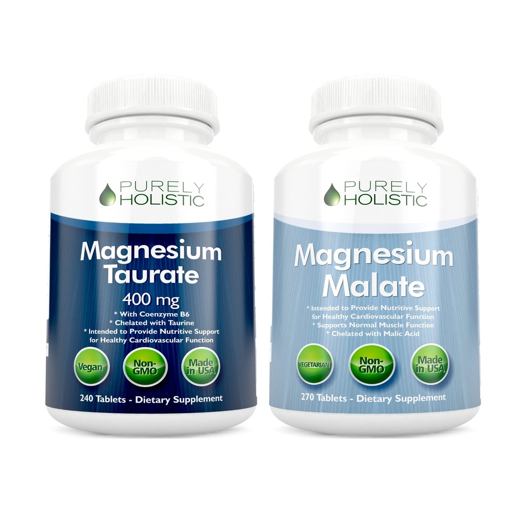 Magnesium Taurate 400 mg + magnesium Malaatti 400 mg - Erittäin biologisesti saatavilla - Korkea Imeytyminen Bundle - 270 + 270 Kasvisruokaa Tabletit