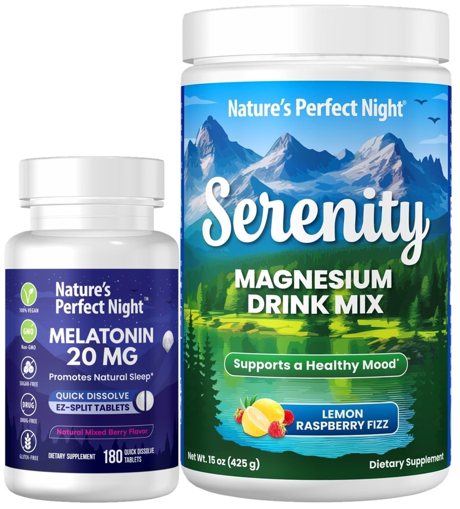 Nature's Perfect Night Melatoniini 20 mg Nopea liuottaminen Mixed Berry 180 Count with Serenity Magnesium Powder 15 oz Sitruunavadelma