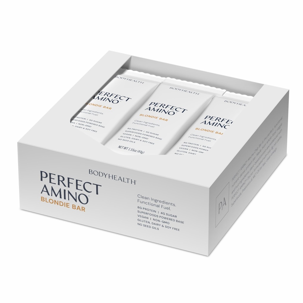 BodyHealth PerfectAmino Bar Protein Energy Välipala 10g proteiinia, kasvi perustuu MCT: n, Superfood Blend, Kosher, (Blondie, 12 pakkaus)