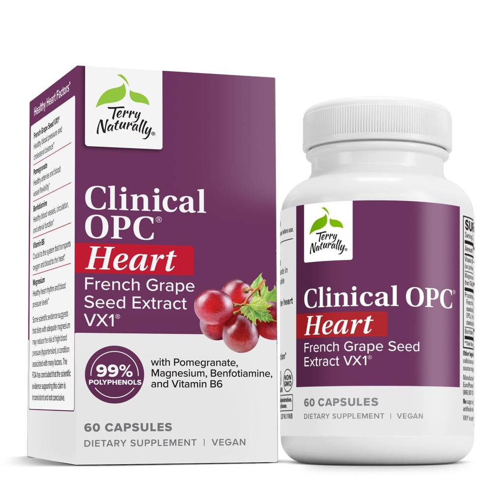 Terry luonnollisesti kliininen OPC Heart - Heart Health täydentää magnesiumia, B6-vitamiinia, viinirypäleen siemenuute - Ruokavaliota täydentää Artery Health & Circulation - 60 kapselia