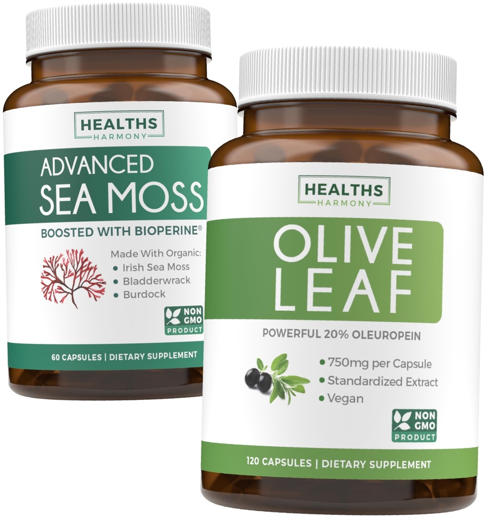 Sea Moss & Olive Leaf Extract (1-Month Supply) Olive Moss Blend - Organic Irish Sea Moss - Raw Vegan Supplement (60 Caps) & Olive Leaf Extract Super Strength: 20% Oleuropein - Kasvissyöjä (120 Caps)