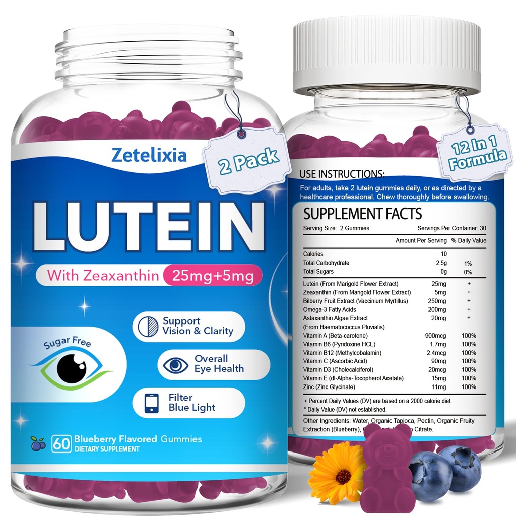 2 Pack Lutein Gummies, 12 i 1 Lutein och Zeaxanthin Supplements Eye Vitamins Gummies för vuxna, Eye Health Supplement med multipel vitamin för att främja ögon och vision - 120 Gummies