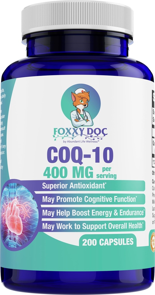 CoQ10 400 MG per 2 kapselia - Ubikinoni - erinomainen arvo - sydän, aivot ja solulisä - energiatuki - 200 kapselia pullossa - Foxxy Doc
