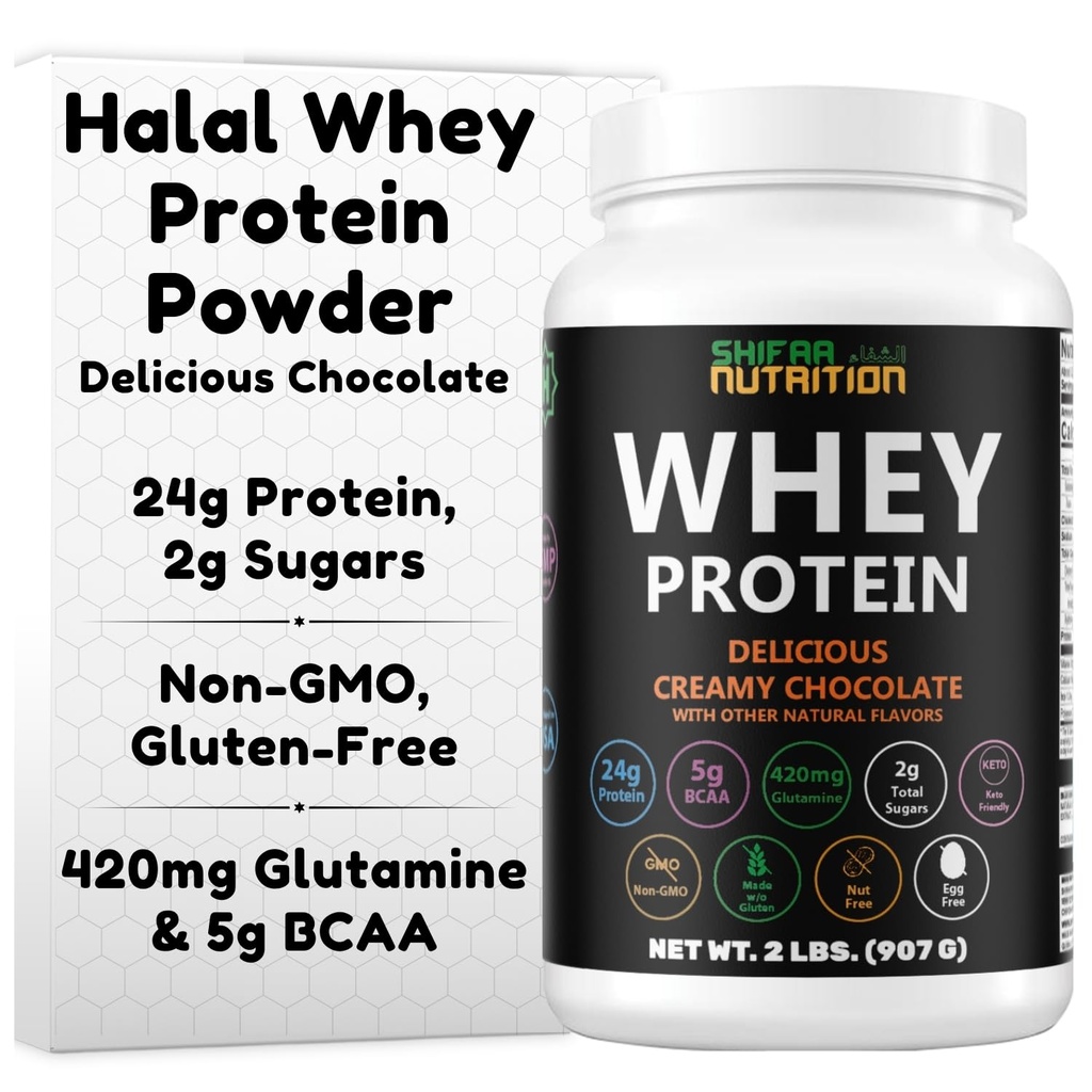 SHIFAA NUTRITION 2 Lbs Halal Whey Protein Powder Creamy Chocolate. 24g Protein, 5g BCAAs & 420mg Glutamiini. Building Lean Muscles & Recovery. Sokeriton, Keto-Ystävällinen, Gluteeniton, ei-GMO