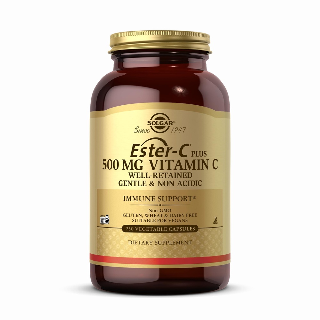Solgar Ester-C Plus 500 mg C-vitamiini (Asorbaattikompleksi) - 250 Vihanneskapselit - Hellävarainen & Non Acidic - Antioksidantti & Immunosupport - Non GMO, Vegan, Gluteeniton, Kosher - 250 tarjoilua
