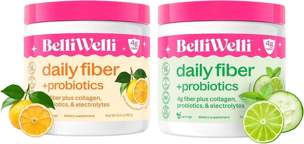 Daglig Fiber Supplement Bundle med tillsatt Collagen, Probiotics & Electrolytes - Cucumber Lime Mint & Orange Yuzu Mandarin Flavors - Stöder Digestive Health, Debloating & Hydration - 32 Servings Total