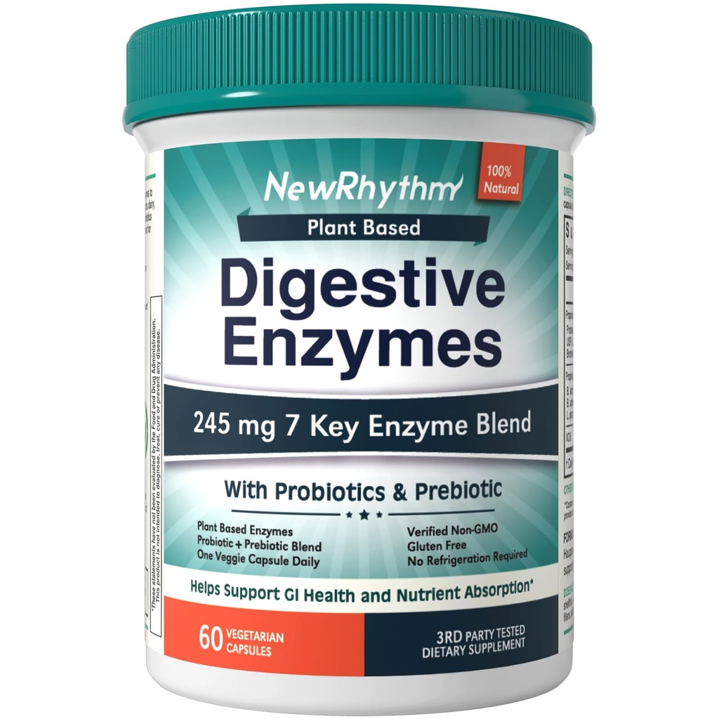 NewRythm Dgestive Enzymes 245 mg, Probiootit ja prebiootit, kasviperäiset, 7 avainentsyymiä, digestio, ravinneabsorptio, Proteaasi Amylaasi & Lipaasi, 60 vegan-kapselia