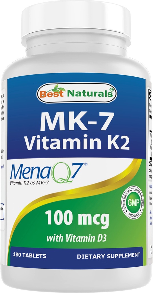 Best Naturals K2-vitamiini (MK7), jossa D3-lisä luun ja sydämen terveys (5000 IU D3-vitamiini & 100 mikrog K2-vitamiini MK7), 180 tablettia