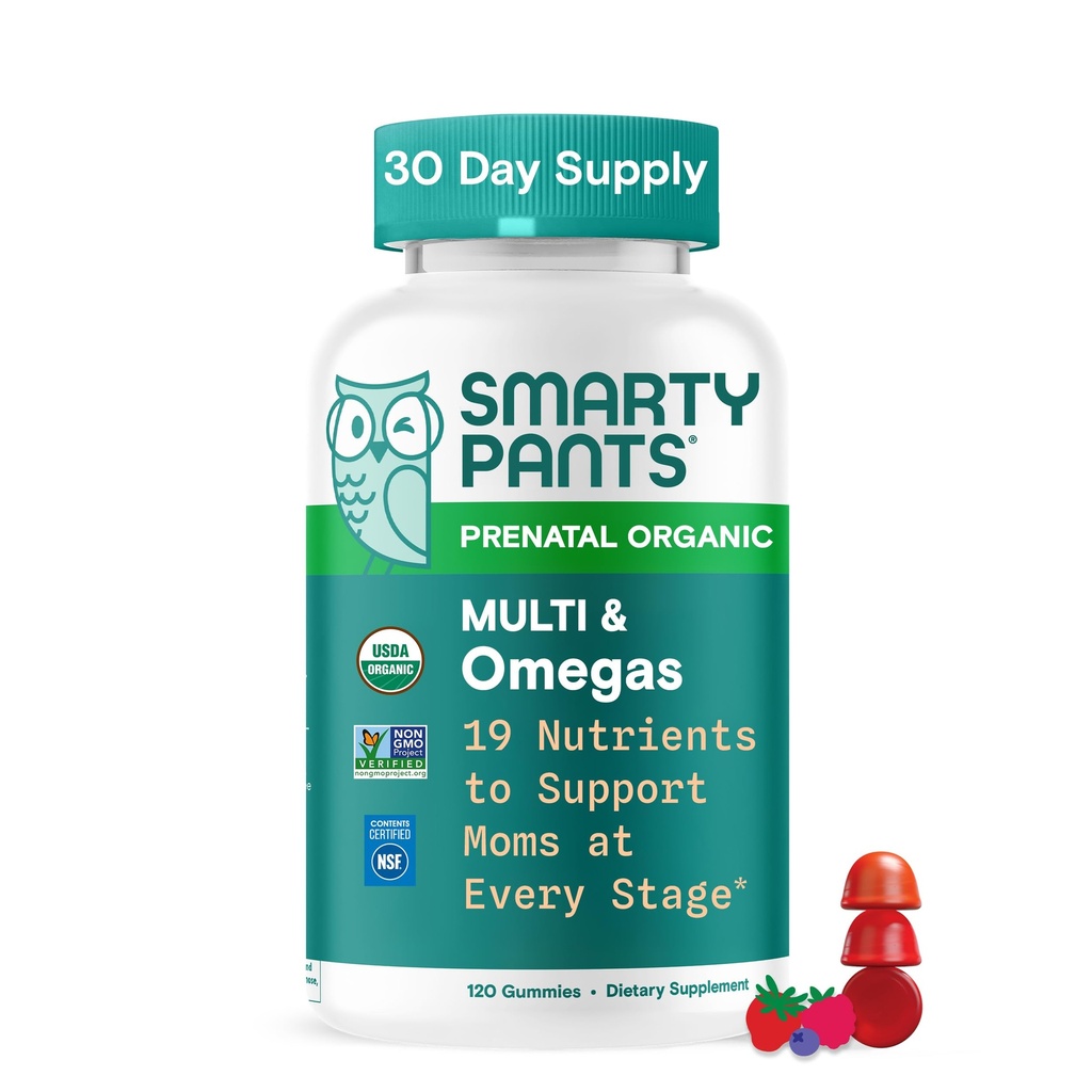 SmartyPants Organic Prenatal Vitamins för kvinnor, Multivitamin Gummies: Biotin, Methylfolate, Omega 3 (ALA), Vitamin D3, C, Vitamin B12, B6, A, K2 & Zink, Choline, Vegetarian, 120 Count (30 Day Supply)