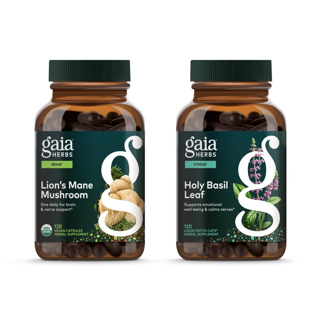 Gaia Yrtit Leijona - Mane Sienet - Apua Säilytä Neurologinen Terveys - 120 Vegan Liquid Phyto-Capsules & Holy Basil Leaf - Auttaa ylläpitämään positiivinen ajattelu ja tasapaino aikoina stressi - 120 Vegan Li