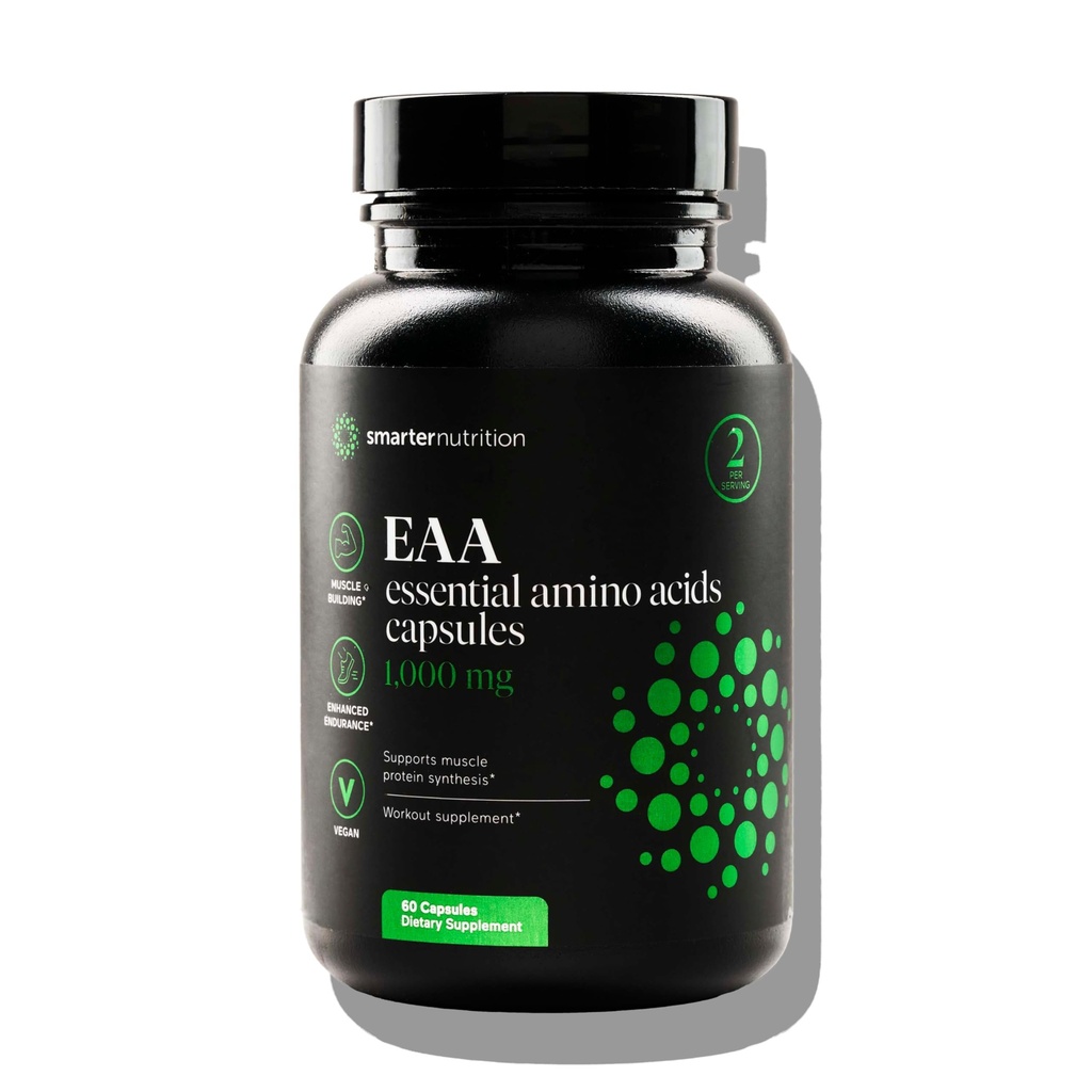 SMARTERNUTRITION Essential Amino Acids (EAA) Kapselit - 1 Gram per Serving kaikki 9 EAA: n - tukee lihasmassaa ja liikuntaa - ei-GMO, Vegan, Gluteeniton - 60 kreivi[30-päivä tarjonta]