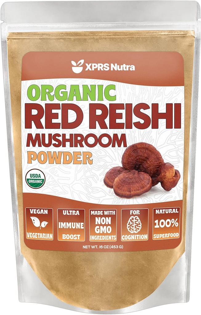 XPRS Nutra Organic Red Reishi Mushroom Powder - Premium Reishi Powder for Cognition - Vegan Reishi Sienet pitkäikäisyys ja energia (16 Ounce)