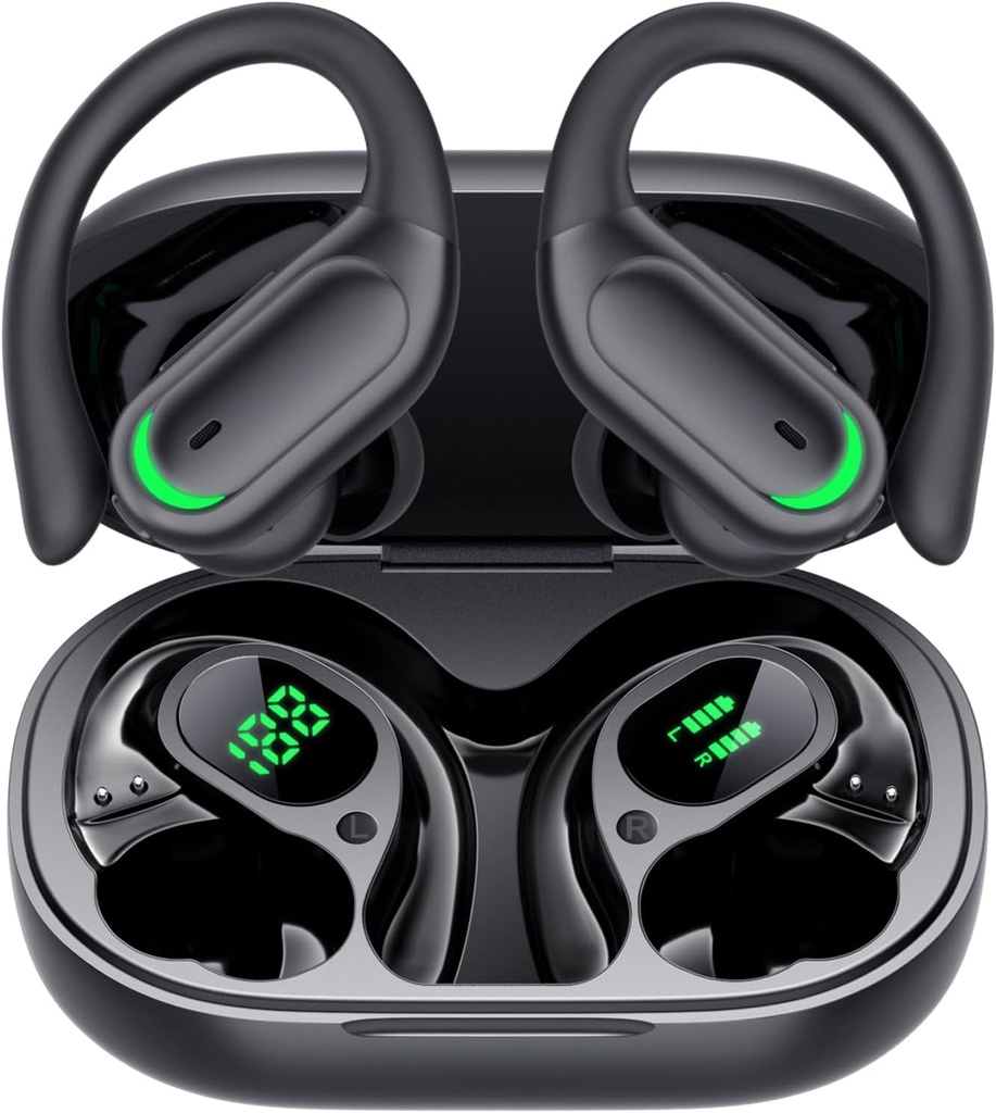 Langattomat korvakorut Bluetooth 5.4 Kuulokkeet, 96hrs Playtime, Langaton lataus tapauksessa LED näyttö, yli korvakuulokkeet, ENC melu Canceling, Hi-Fi Sound, IP7 vedenpitävä, urheiluharjoituksiin (syvä musta)