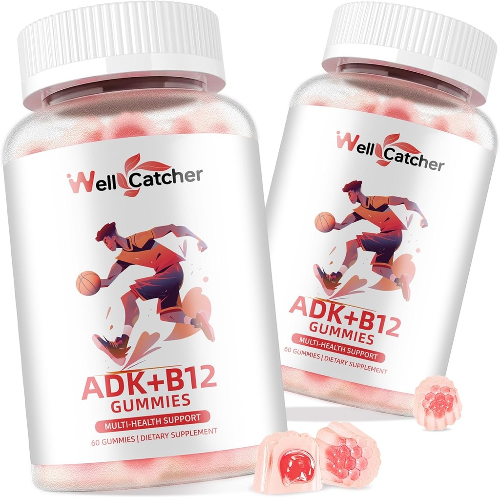 ADK+B12-vitamiini Gummies lisäravinteet: D3-vitamiini K2 (MK-7) ja B12-vitamiini miesten naisten purut Vegaani Multivitamiini tuki Bone Brain Immuuni iho silmät sokeri Vadelma Maku 2 pakkausta
