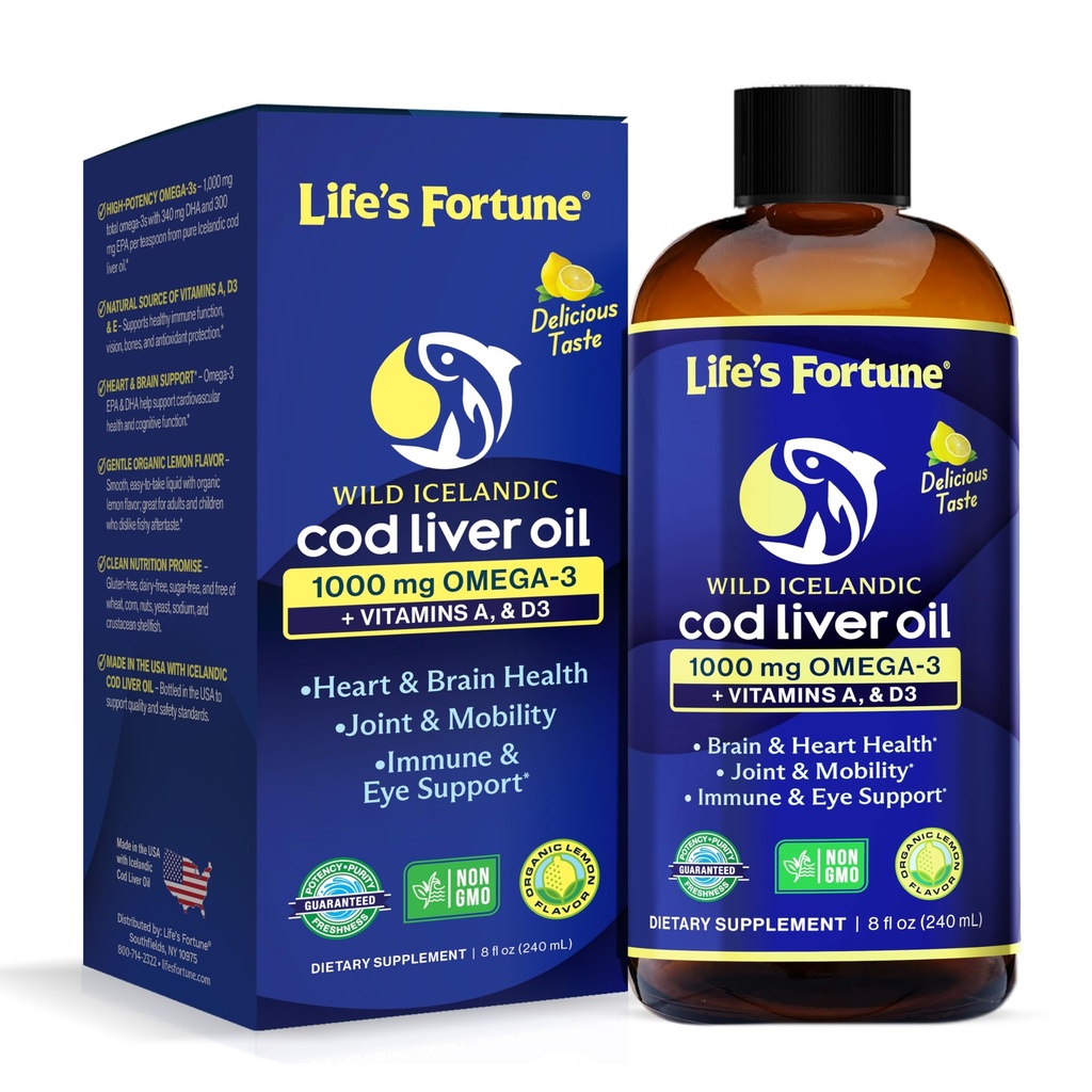 Life's Fortune Cod Liver Oil Liquid Organic Lemon Flavor (8 Oz) 1000 mg Omega + A-vitamiini, E & D3 - Tukee Immuuniterveys - 100% Fish Oil Supplement Wild Ocean Cod-GMO Free