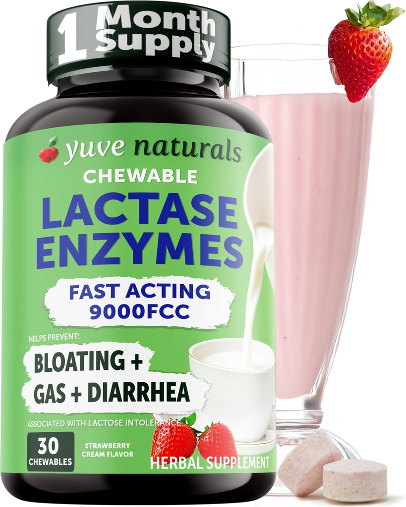 Yove Natural Fast Acting Dairy Relief Delicious Chewables - Lactase Enzyme 9000 FCC - Sano hyvästit Dairy Discomfort Laktoosi-intoleranssi - Mansikka Cream Flavor - 30ct