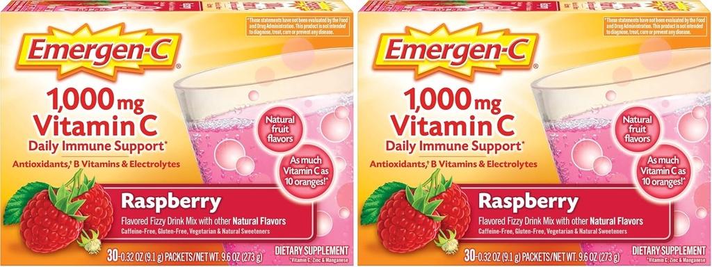 Emergen-C (30 kreivi, vadelma maku, 1 kuukausi Supply Supplement Fizzy Drink Mix 1000 mg C-vitamiini, 0,32 Ounce Packets, Kofeiiniton (paketti 2)