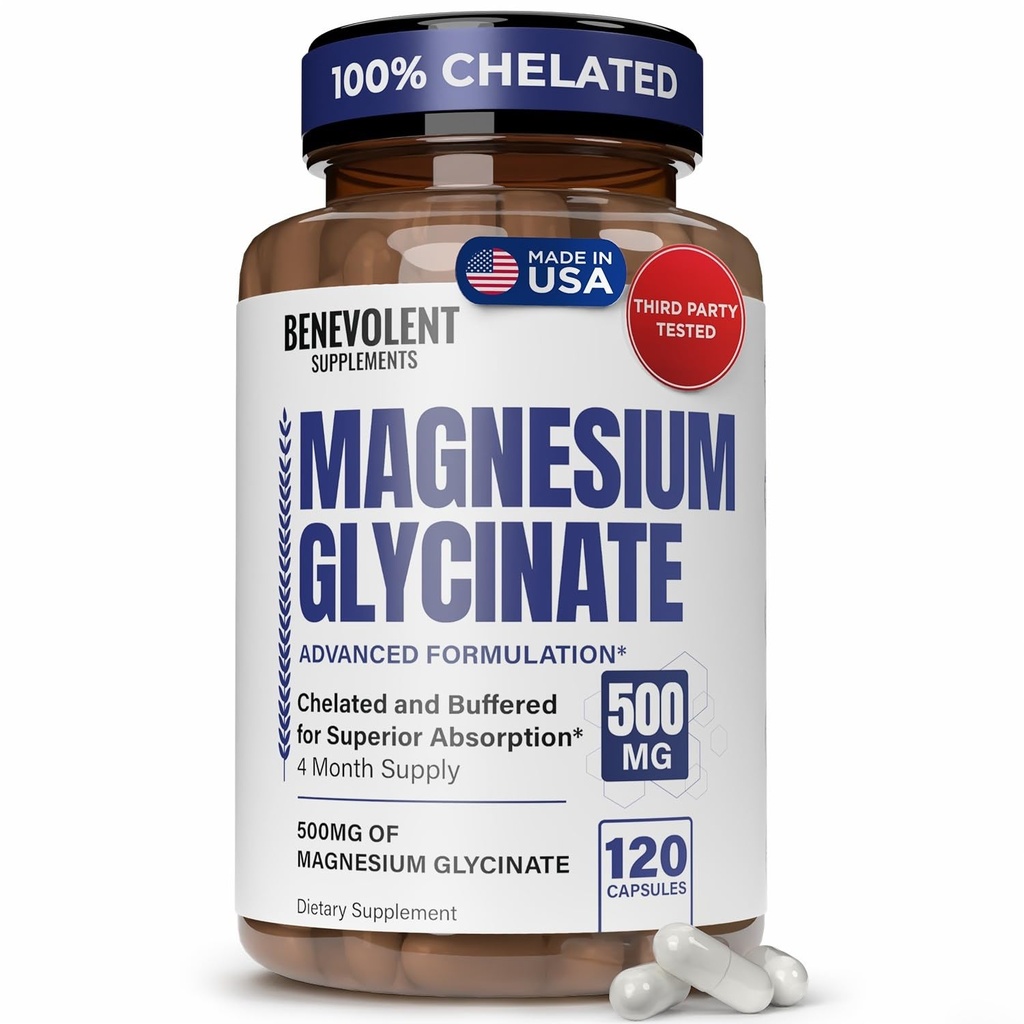 Magnesium Glycinate 500 mg - Kelatoitu & puskuroitu korkea imeytyminen Magnesium täydentää tukea stressin lievittämistä, digestio, luun, unen, hermojen ja lihasten terveys - Valmistettu USA - 120 Vegaani kapselit