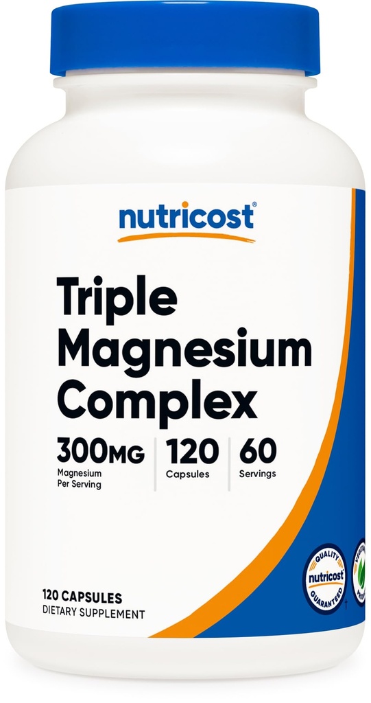 Nutricost Triple Magnesium Complex (300 mg, 120 kapselia) - Di-Magnesium Malate, Bisglysinaatti ja Citrate, 60 tarjoilua