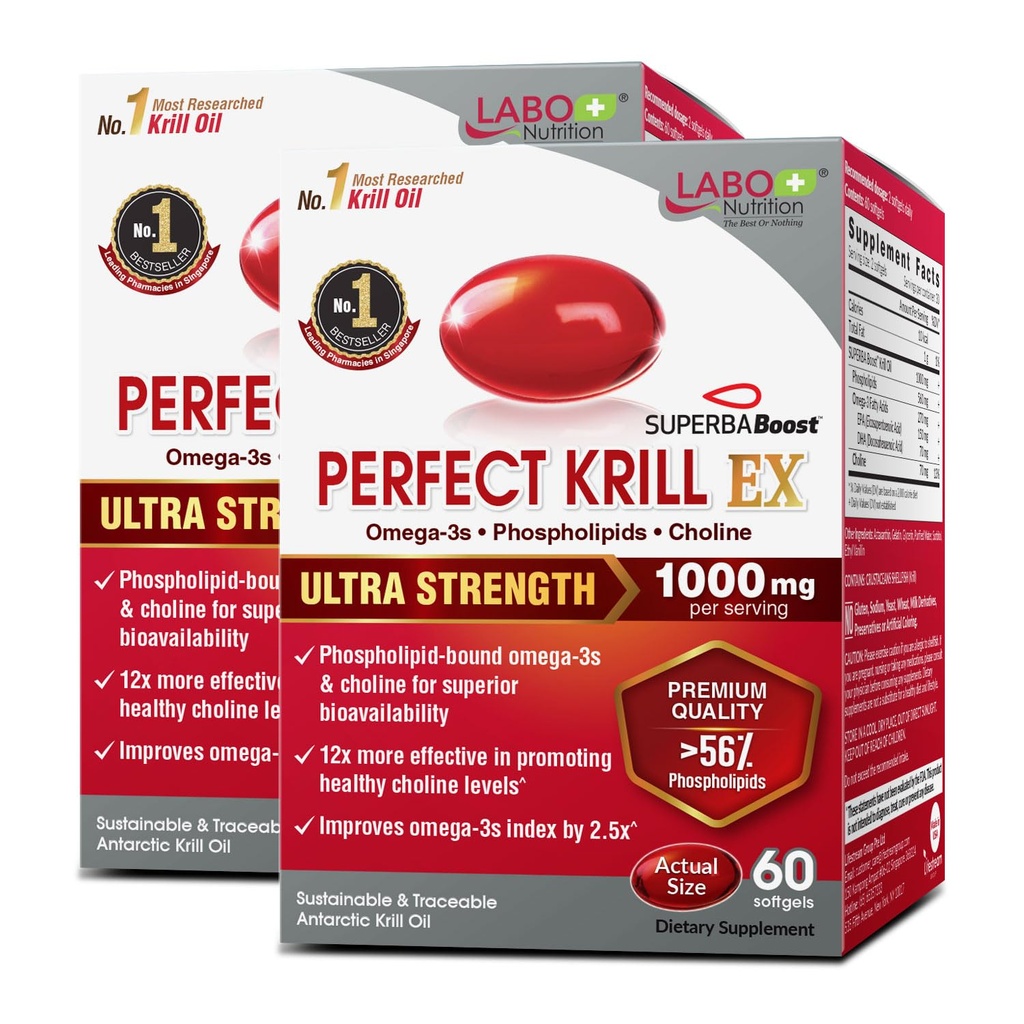 LABO Nutrition Perfect Krill EX, 1000mg Antarktis Krill Oil Omega 3 EPA DHA, Korkeimmat fosfolipidit (yli 56%), Choliini, Astaksantiini ...