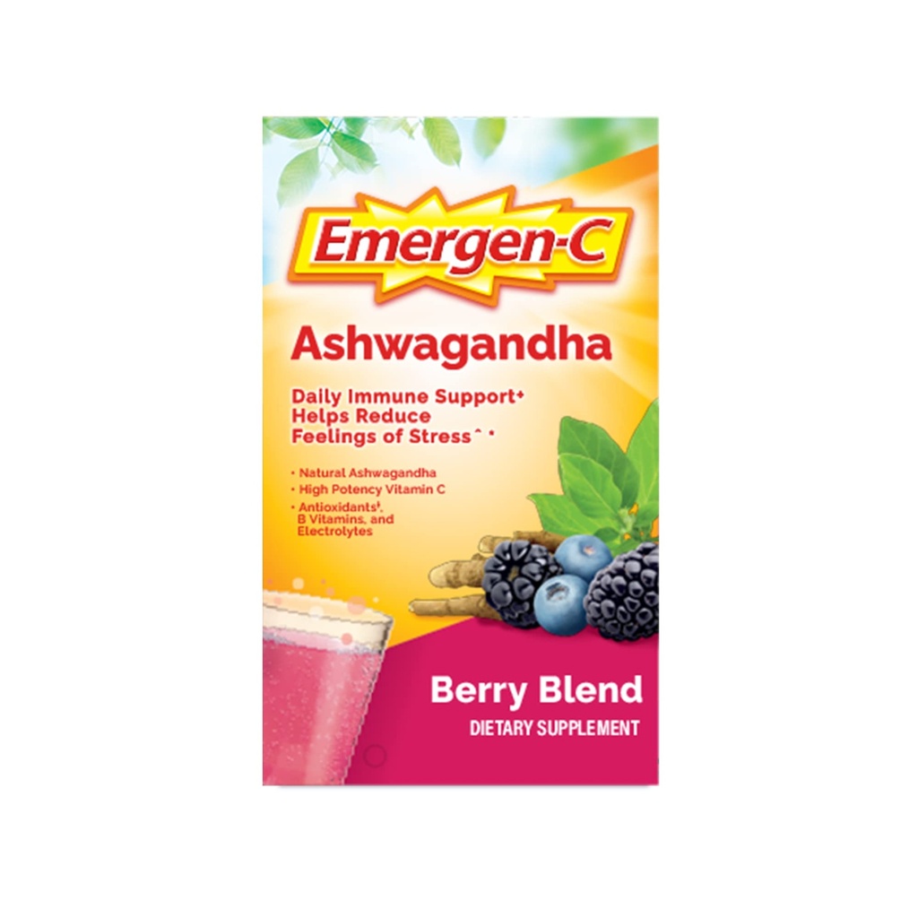 Emergen-C-vitamiini C Ashwagandha Drink Mix, ravintolisä immuunitukea, Berry Blend, Takaisin koulun Essentials - 18 Count