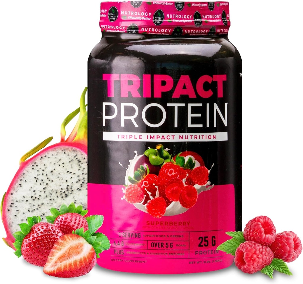 Nutrology TRIPACT Protein Powder - 7-in-1 Ateriankorvike Shake with Grass Fed Whey Protein Powder, Pea, Rice, Greens for Muscle Recovery & Immunet, Superberry Flavor, 40 tarjoilua