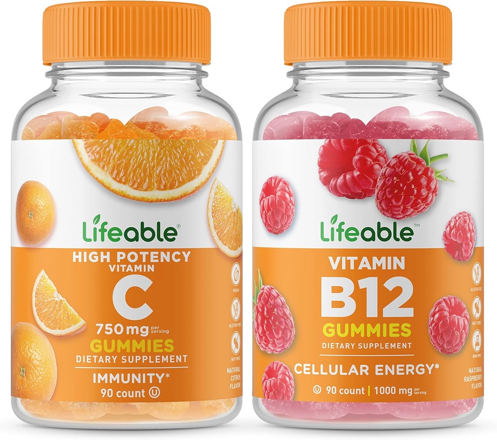 Elinkelpoinen C-vitamiini 750 mg + B12-vitamiini, Gummies Bundle - suuri makupala, vitamiini täydentää, gluteeniton, GMO-vapaa, purukumi