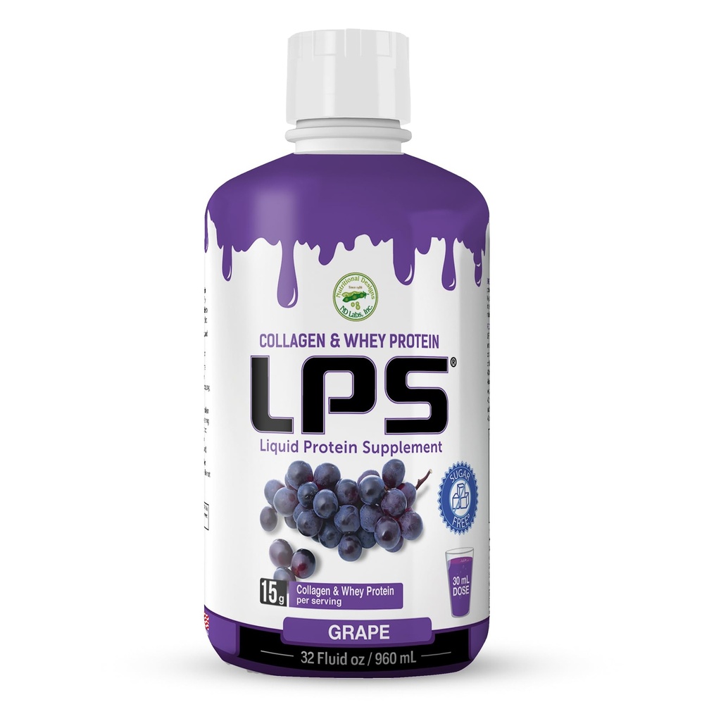 LPS Liquid Collagen & Whey Protein Sugar-Free, Dye-free, non-GMO Drink - Hydrolysed Collagen & Whey Peptides Edistää Terve iho & hiukset miehille & naisille, Grape, 32 fl oz
