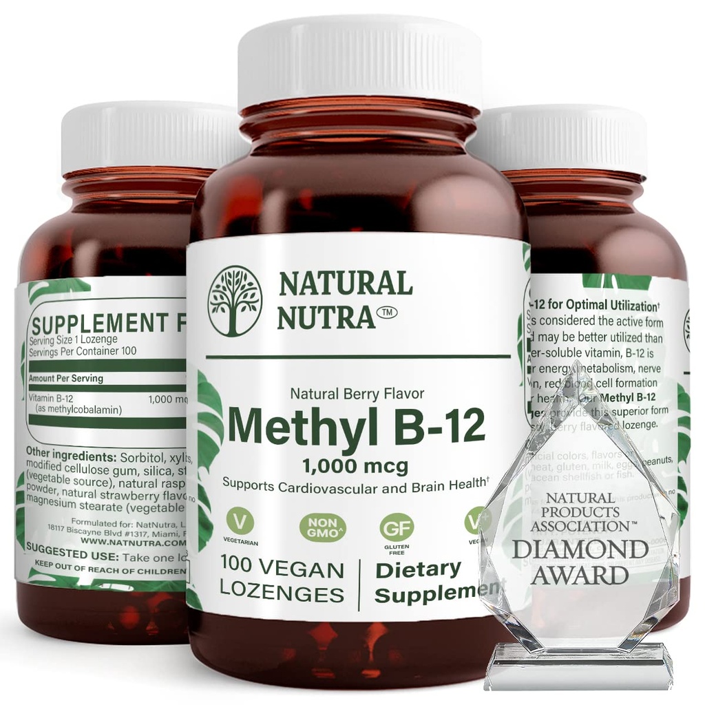 Natural Nutra Vegan Metyyli B12 1000 mcg, Heart Health and Energy Booster täydentää, Gluteeniton, Tuki energian muuntaminen, parantaa immuunivaste, Ohje aivojen toiminta, 100 Vegan Lozenges
