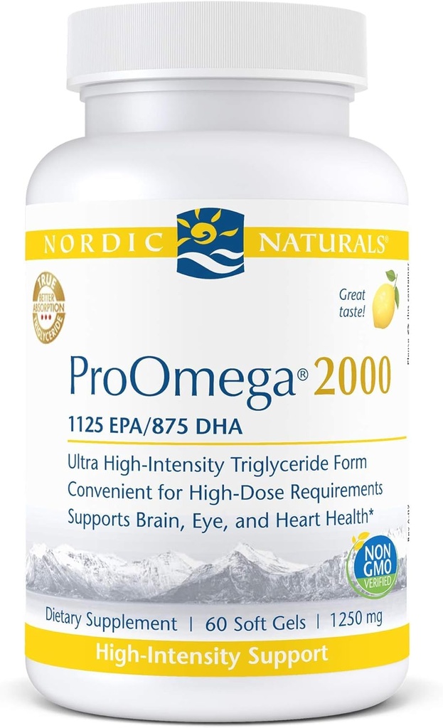 Nordic Naturals ProOmega 2000, Lemon Flavor - 2150 mg Omega-3 - 60 Soft Gels - Ultra High-Potency Fish Oil - EPA & DHA - Edistää aivoja, silmää, sydäntä ja immuuniterveyttä - ei-GMO - 30 tarjoilua