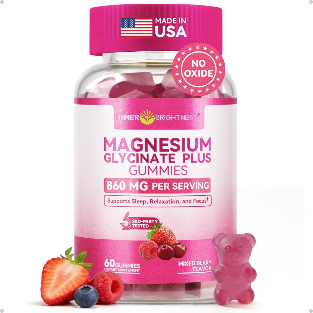Magnesium Glycinate Gummies 600 mg, ei-GMO: t, gluteeniton, Magnesium Gummies aikuisille ja lapsille, uni, rentoutuminen ja tarkennus, sekoitettu marjamaku, 60