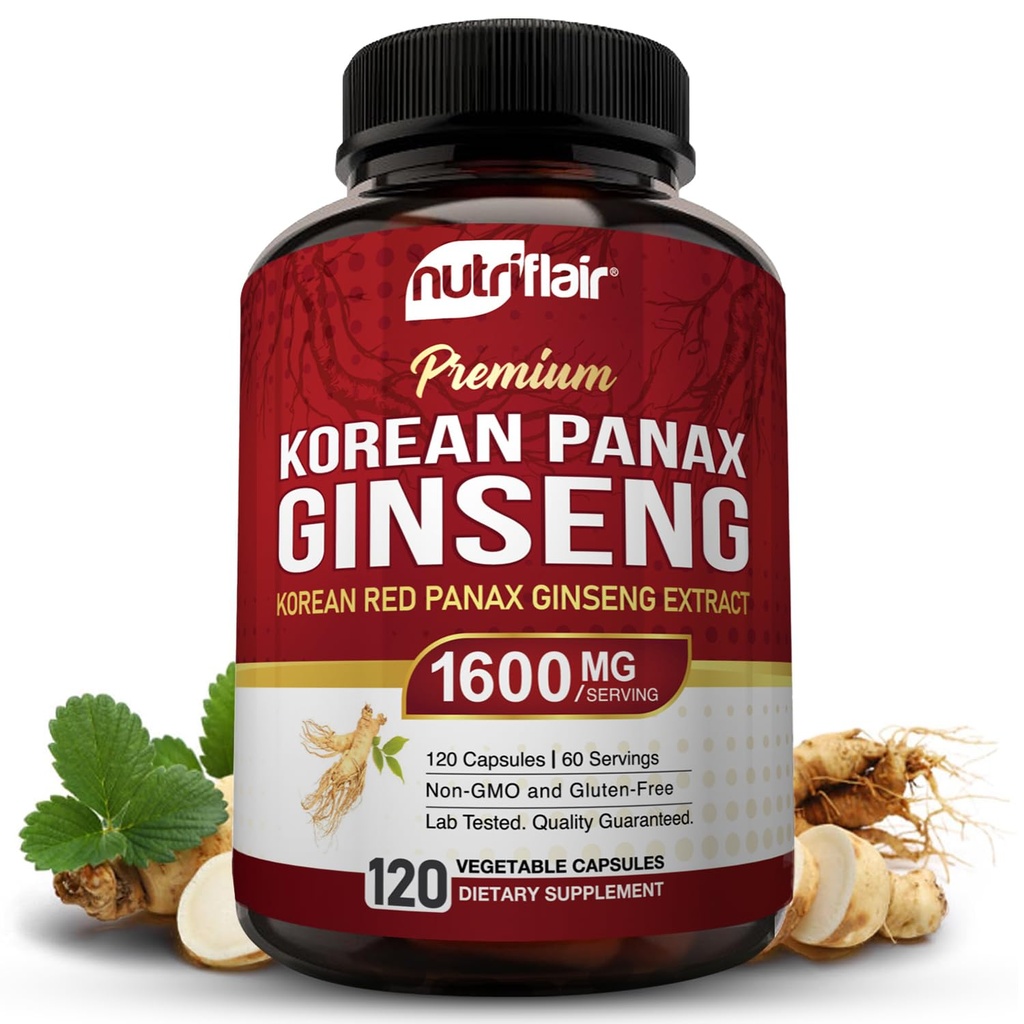 NutriFlair Korean punainen Panax Ginseng 1600mg ... 120 vegan kapselit.. 5% ginsenosidit...