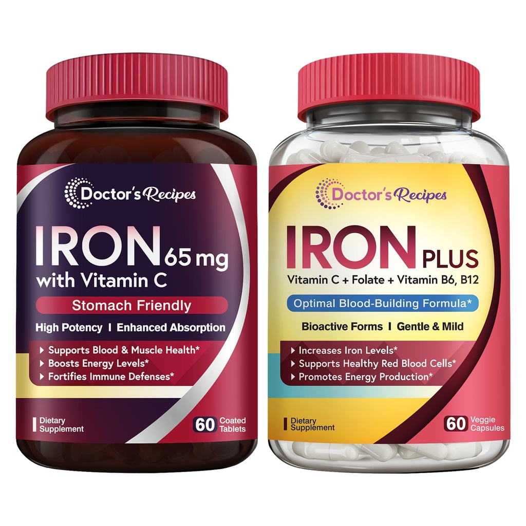 Lääkärin reseptit Silitysrauta 65 mg & Iron Plus Bundle, terve rautataso & verituki, rautatabletti 60 ct & rautakapseli 60 kt
