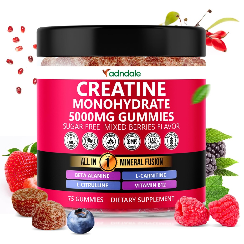 Adndale Creatine Monohydraatti Gummies for Men & Women, 5000 mg per tarjoilu Creatine Supplement Beta-Alanine, L-Citrulline & B12 - 75 Vegan Gummies. Sokeriton