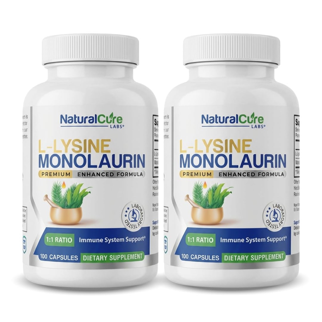 Natural Cure Labs L-Lysine + Monolaurin 600 mg 1:1 suhde, 2 pakkaus, 200 kapselia