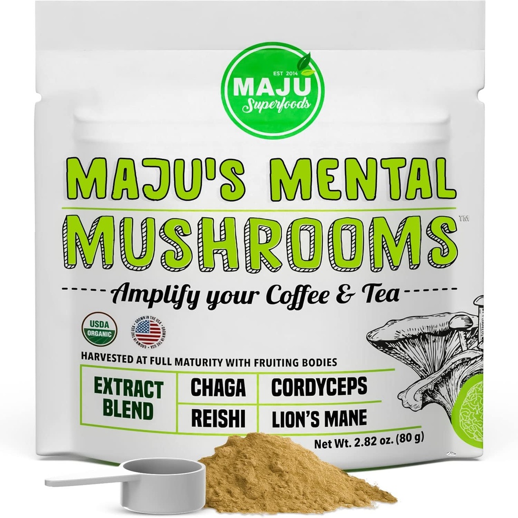 MAGRU's Mental Mushroom Powder Extract, Strong Lions Mane, Chaga, Reishi, Cordyceps, Fruiting Bodies for Coffee, Immunosysteemi Booster, Nootropic Brain Supplement, Memory, Organic Sienet