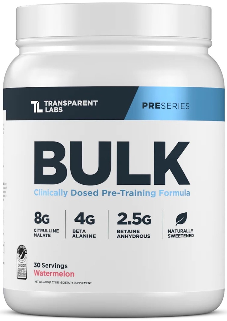 Läpinäkyvä Labs Bulk Pre Treenout Powder - Luonnollisesti makeutettu Preworkout miehille & naisille, Prework Out for Muscle Building & Strength w/Beta Alanine & BetaPure - 30 Tarjoilut, Vesimeloni
