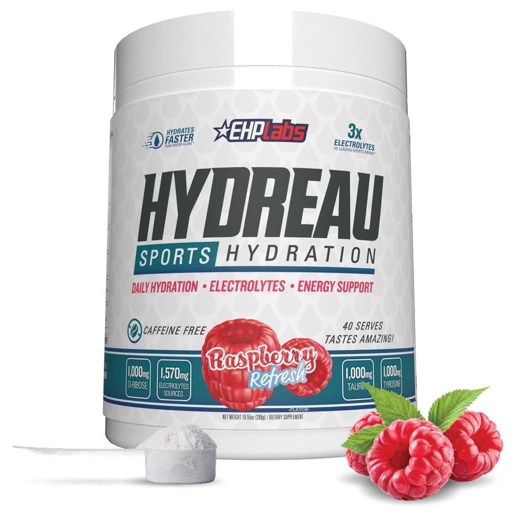 EHP Labs Hydrau Elektrolyytit Powder No Sugar - Hydration Powder for Endurance & Energy - Electrolyte Powder for Men & Women - Sokerittomia Elektrolyyttejä - Vadelma Refresh (40 tarjoilua)
