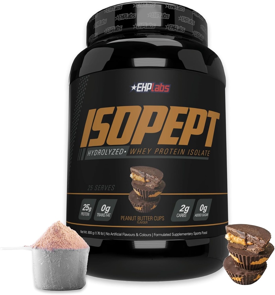 IsoPept Hydrolyzed Whey Protein Powder by EHPlabs - 100% Whey Protein Isolate & Hydrolysate, 27 g proteiinia, ei-GMO, Gluteeniton, Nopea Absorbing, Easy Digesting, 27 Palvelee (Peanut Butter Cups)