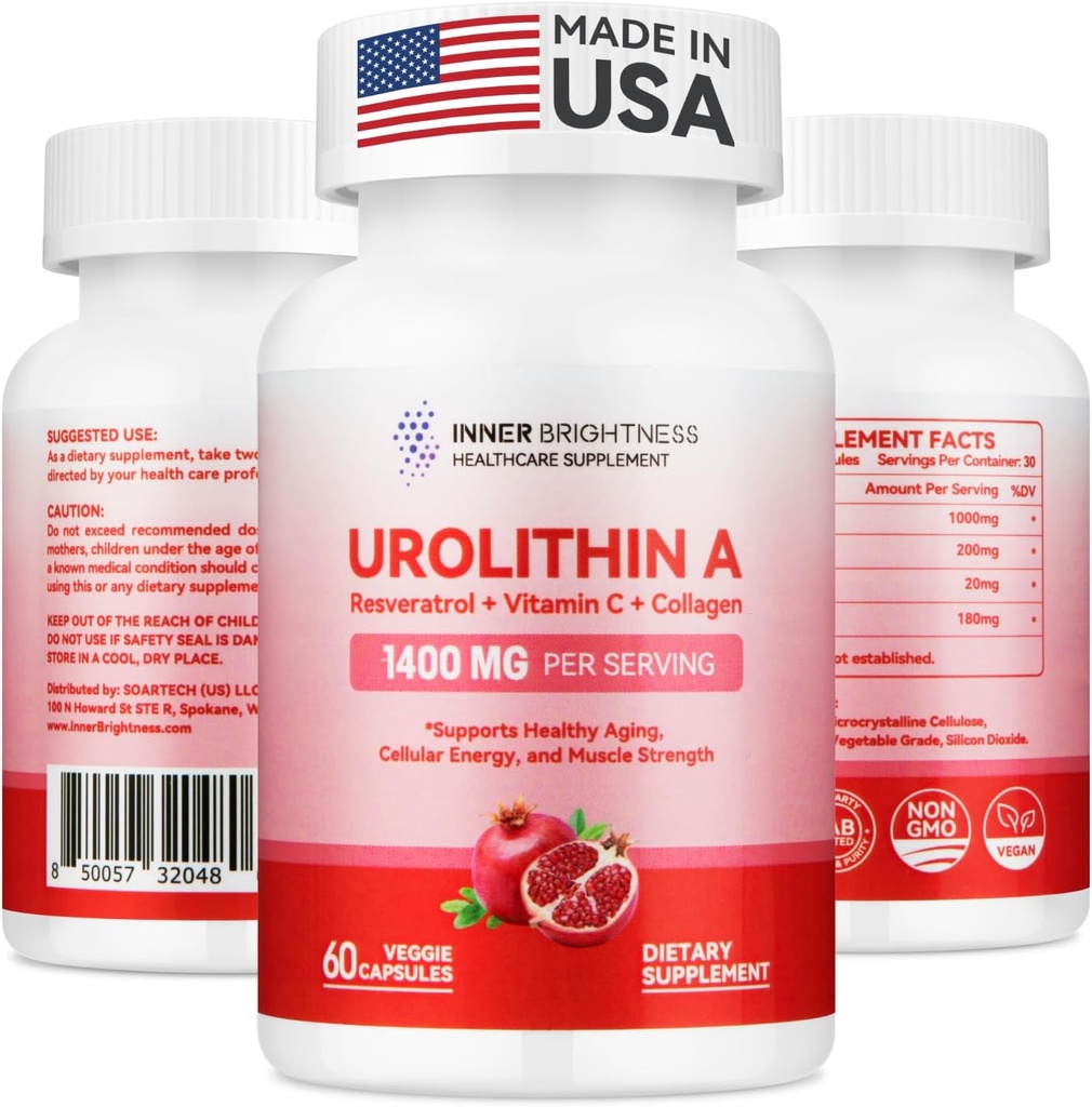 Urolitiini A Supplement 1400 MG - ei-GMO, gluteeniton, anti-aging, solun uusiutuminen, lihasvoima, endurance & Longevity Support, liposomaalinen Urolitiini A, 60