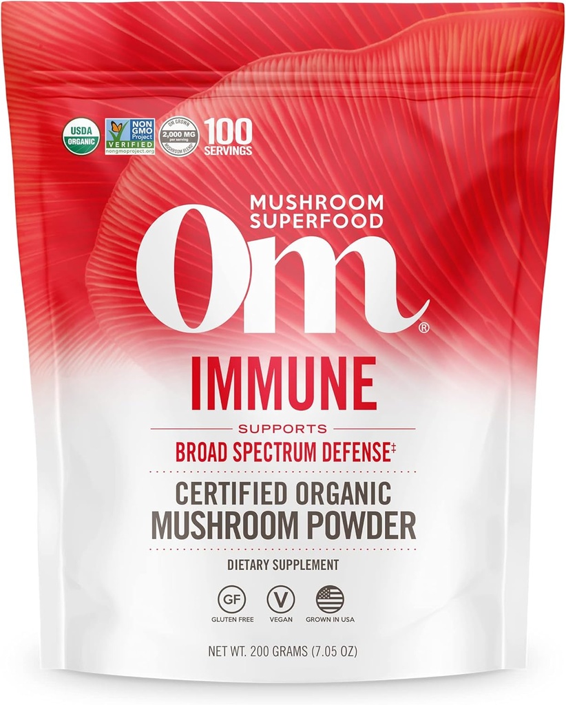 OM MUSHROOM SUPERFOOD Immune Blend Mushroom Powder Superfood Supplement, 7.05 Ounce Pouch, 100 portioner, Mushroom Blend, Reishi & Turkey Tail; Daily Immune Support Supplement