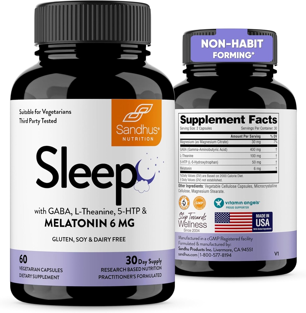 Sandhu's Sleep 60 kapselia Ei-luontotyyppi Muodostaa 5-in-1 unilääkettä lisäravinteet melatoniini, magnesium, GABA, L- Theanine & 5-HTP