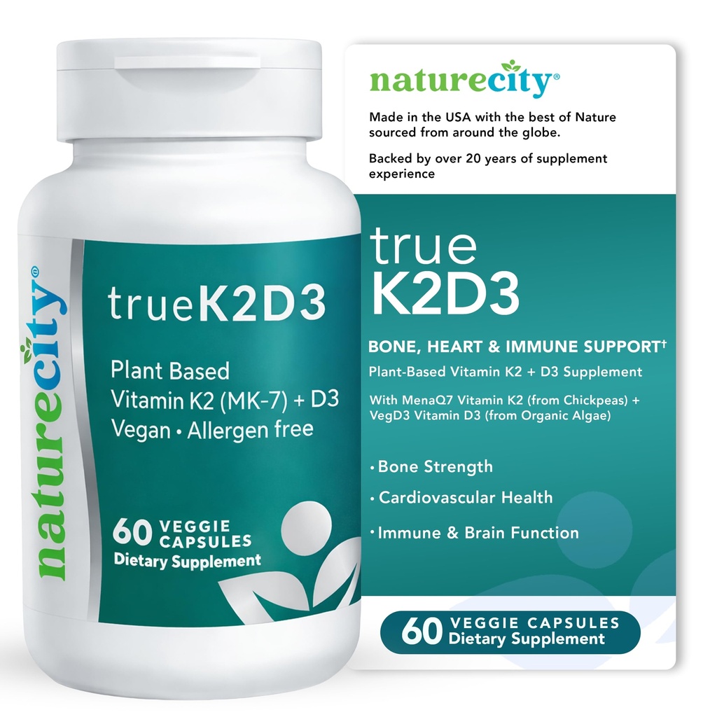 NatureCity TrueK2D3 Kasvipohjainen K2-vitamiini (90 mikrog) & D3 Algaesta(2500 IU) 2 1-vitamiini D3 K2 -lisä luu-, sydän- ja immuuniterveydelle 60 kasviskapselia