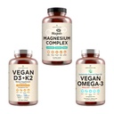 AMANDEAN Premium Magnesium Complex, Vegan Omega 3, Vegan D3+K2 Bundle. Kasvipohjainen immuunituki. Algae DHA & EPA. Quality Sleep, Focus & Mood. Tuki terve sydän, aivot, nivelet ja silmät