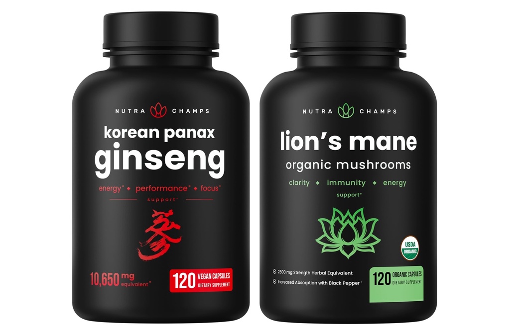 NutraChamps Korea Ginseng kapselit ja Lions Mane kapselit 2 Pack Bundle