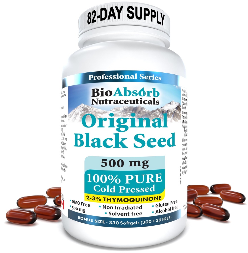 Bio Absorb Musta siemenöljy kapselit, 82 päivän toimitus, kylmäpuristettu puhdas musta Cumin siemenöljy (Nigella Sativa) (330 softgels, 500 mg)