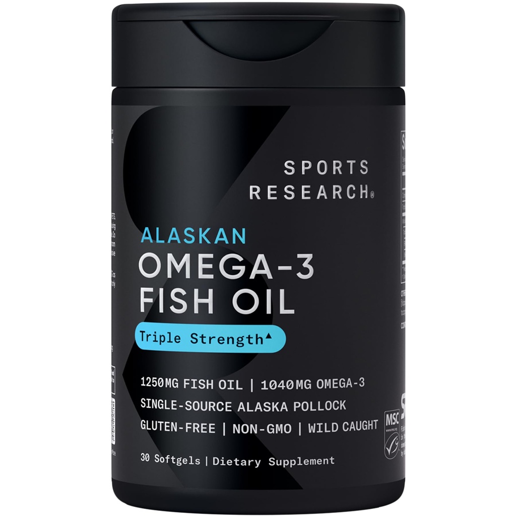 Sports Research Triple Strength Omega 3 Fish Oil 1250mg Wild Alaska Pollock - Burpless Fish Oil täydennysosa Omega-3 EPA & DHA - kestävästi peräisin, ei-GMO, Gluteeniton - 30 Softgels